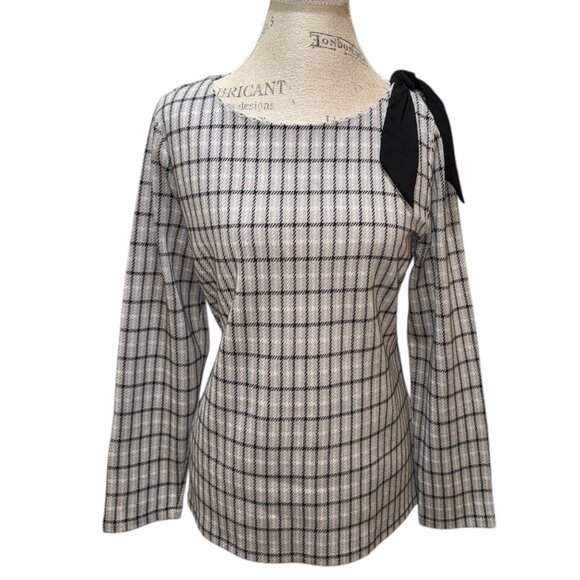 Talbots Gray & Black Long Sleeve Plaid Knit Pullover Top w/ Shoulder Tie Large P - Picture 1 of 8